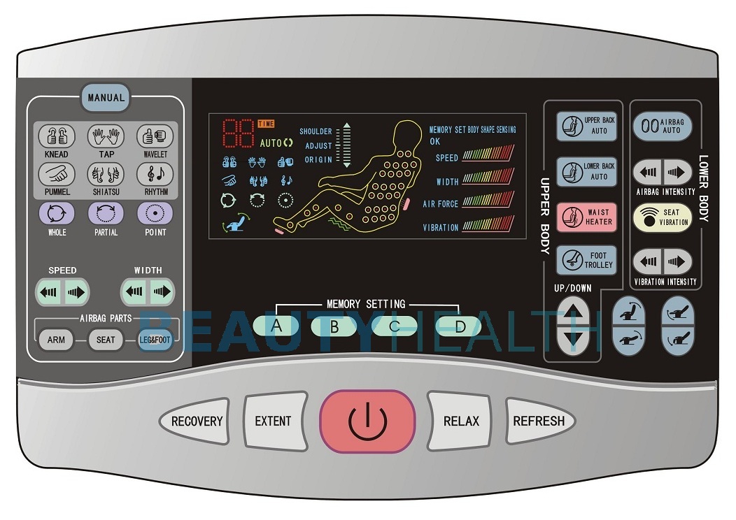 shows all the massage functions, width of the massage hands, massage 